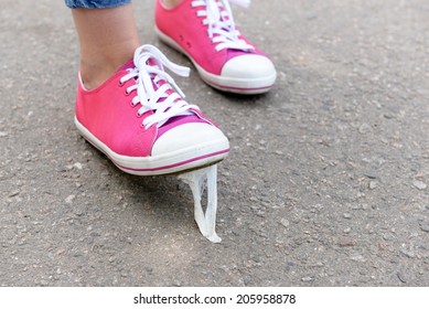 Foot Stuck Into Chewing Gum On Street