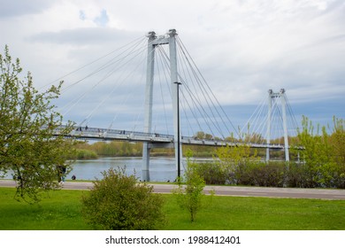 Foot Vinogradovsky 'cable-stayed' bridge through the Yenisei river on Tatyshev island in Krasnoyarsk, Russia