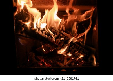 Footage Of A Bright Colored Dancing Flames In Fireplace. Close Up Of Burning Firewood. Cozy Warm Background