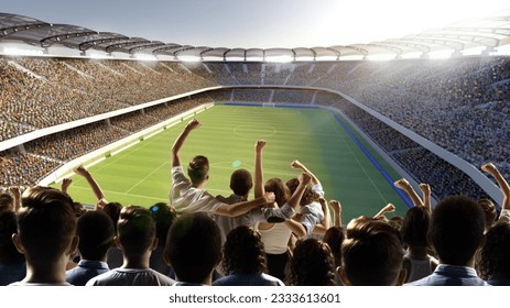 Footbal unites. Soccer fans hugging and enjoying game of favourite team at sport arena. Concept of sport, emotions, competition and unity. Ariel view