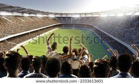 Footbal unites. Soccer fans hugging and enjoying game of favourite team at sport arena. Concept of sport, emotions, competition and unity. Ariel view