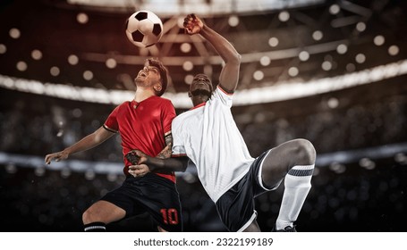 Football action with competing soccer players jumping to hit the ball with head - Powered by Shutterstock