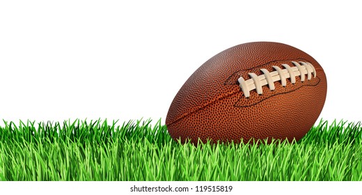 Football Ball On A Grass Field Isolated On A White Background As A Professional Or College Game Sport For Traditional American And Canadian Play.