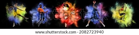 Football, basketball and tennis. Collage with professional athletes posing in explosion of colorful powder isolated on black background. Splashing of bright colors. Horizontal flyer