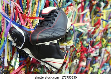 Football Boots Soccer Cleats Hanging With Brazilian Wish Ribbons At The Bonfim Church In Salvador Bahia Brazil