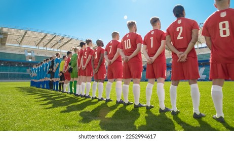 Football Championship: Back View of Two Professional Soccer Teams ready for a Match. Players One by One, Standing in Line on Stadium. Professional Athletes Ready to Win Tournament, Cup. - Powered by Shutterstock