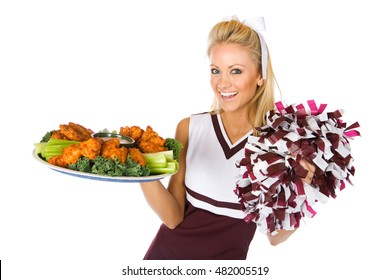 Football: Cheerleader Holding Tray Of Chicken Wings