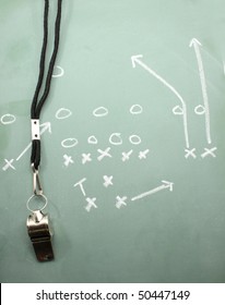 A Football Diagram On A Chalkboard Showing The Sweep With A Coaches Whistle.