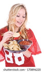 Football Fan: Eating Chips And Salsa Snack