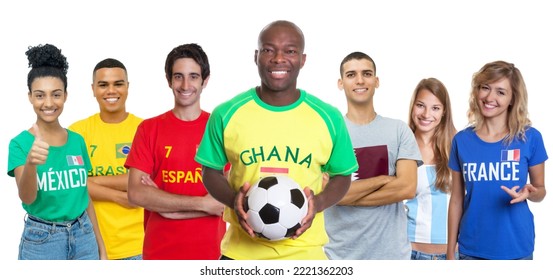 Football Fan From Ghana With Soccer Ball Supporters From Spain Brazil Mexico Qatar Argentina And France Isolated On White Background For Cut Out