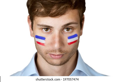 Football Fan With Netherlands Flag Painted At The Face 