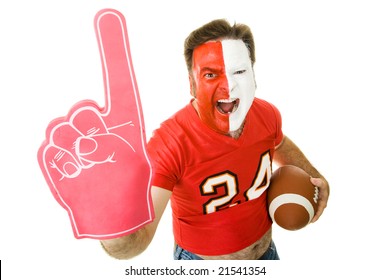 Football Fan Shouting And Waving A Number One Foam Finger.  Isolated On White.