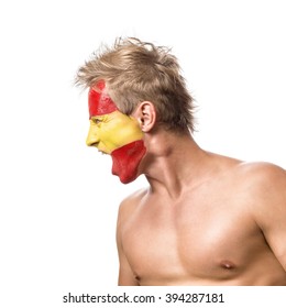 Football Fan With Spain Flag Painted Over Face Isolated On White Background