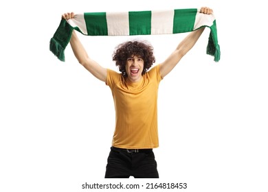 Football Fan Waving A Scarf Isolated On White Background