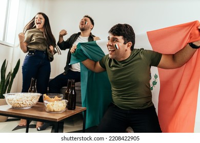 Football Fans Friends Watching Mexico National Team In Live Soccer Match On TV At Home