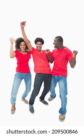 Football Fans In Red Cheering Together On White Background