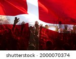 football fans supporting Denmark - crowd celebrating in stadium with raised hands against Danish flag