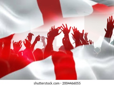 Football Fans Supporting England - Crowd Celebrating In Stadium With Raised Hands Against England Flag