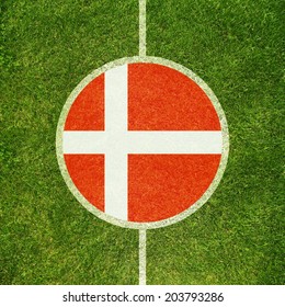 Football Field Center Closeup With Danish Flag In Circle 