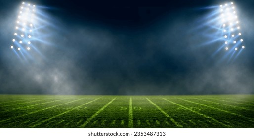 Football field illuminated by stadium lights, american football stadium	
						