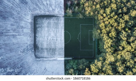 Fußballplatz im Meshchersky Park im Sommer und Winter