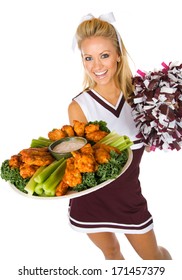 Football: Happy Cheerleader With Tray Of Buffalo Wings