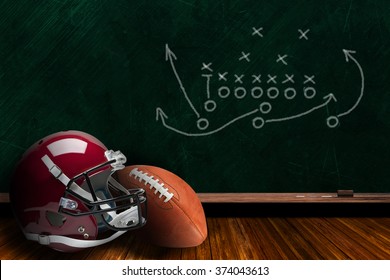 Football helmet and ball with play strategy drawn on a background chalk board with copy space. - Powered by Shutterstock