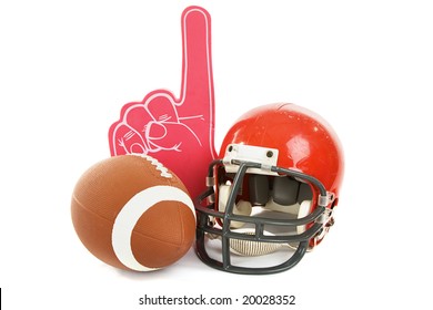 Football, Helmet, And Foam Number One Finger.  Isolated On White Background.