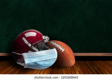 Football helmet wearing surgical mask on a background chalk board with copy space for text. Concept of COVID-19 coronavirus pandemic affecting American football season due to game or league suspension - Powered by Shutterstock