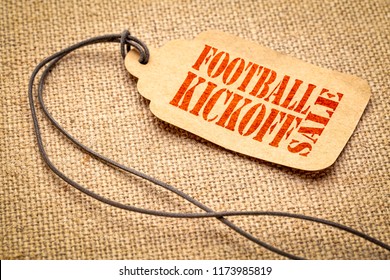 Football Kickoff Sale Sign - A Paper Price Tag With A Twine Iagainst Burlap Canvas