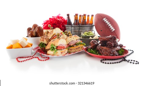 Football: Low View Of Tailgate Party Food And Items