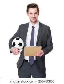 Football Manager Hold With A Soccer And Clipboard