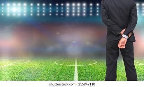 Football Manager With Soccer Field And Bright Spotlights. 