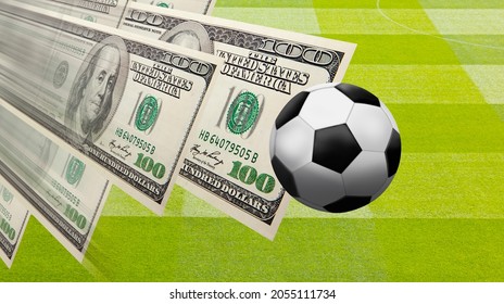 Football Market (transfer) Concept - A Soccer (futbol) Ball On Green Grass With Lot Of Dollars In The Background