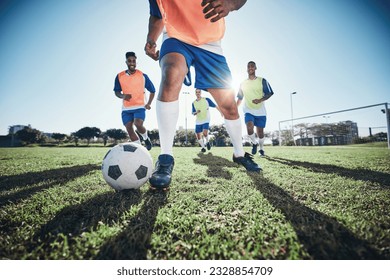 Football, men and exercise with action, field and wellness with workout goal, fitness and competition. Male players, guys and athlete with a challenge, soccer and sports with energy and training - Powered by Shutterstock