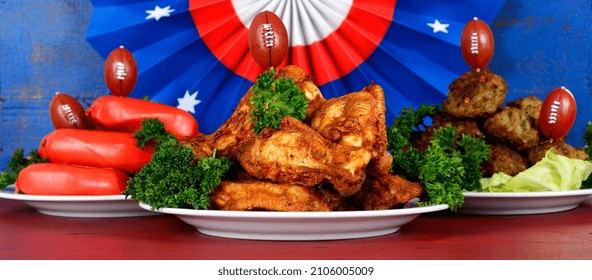 Football Party Celebration Food Plates With Chicken Buffalo Wings, Meat Balls, Hot Dogs And USA Party Decorations. Sized To Fit Popular Social Media And Web Banner Placeholder.