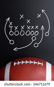 Football Play Strategy Drawn Out On A Chalk Board With Rugby Ball