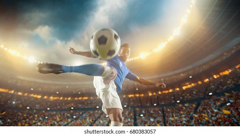 Football Player About To Kick Ball In The Air. The Stadium Is Full Of People Behind Him. Stadium Is Made In 3D With No Existing References.