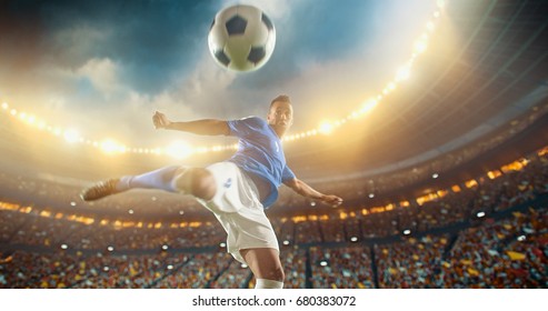 Football Player About To Kick Ball In The Air. The Stadium Is Full Of People Behind Him. Stadium Is Made In 3D With No Existing References.