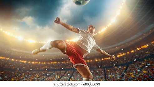 Football Player About To Kick Ball In The Air. The Stadium Is Full Of People Behind Him. Stadium Is Made In 3D With No Existing References.