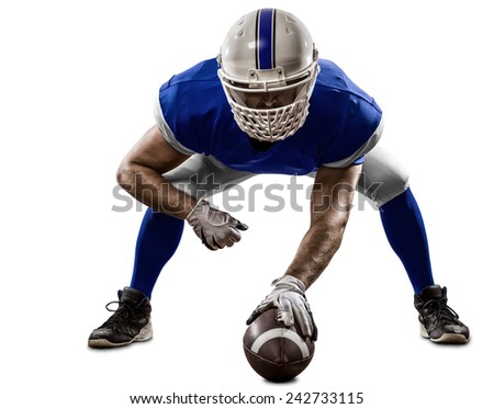 Football Player with a blue uniform on the scrimmage line, on a white background.
