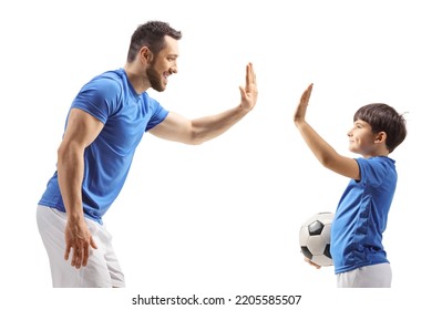 Football player gesturing high five with a boy isolated on white background - Powered by Shutterstock