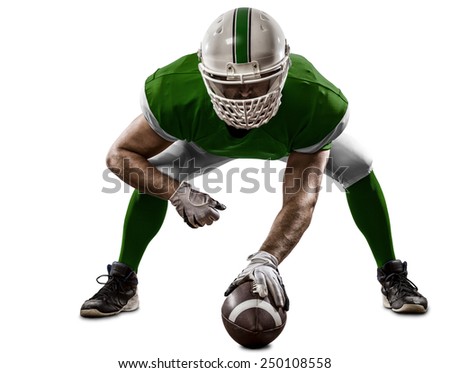 Football Player with a Green uniform on the scrimmage line, on a white background.