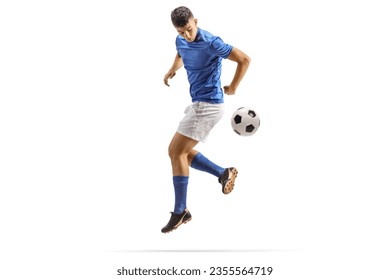 Football player kicking a ball with back heel isolated on white background - Powered by Shutterstock