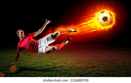 Football player kicks fire ball, 3d rendering