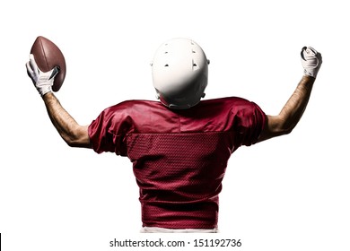 Football Player with a Red uniform celebrating on a White background.