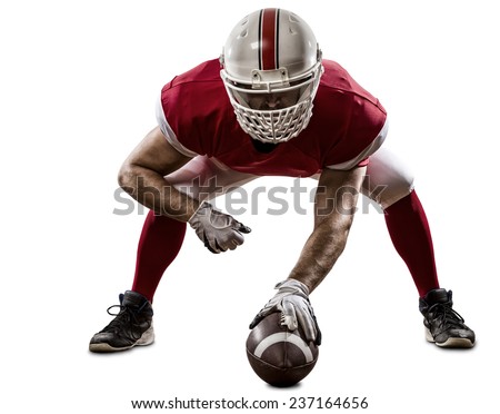Football Player with a red uniform on the scrimmage line, on a white background.