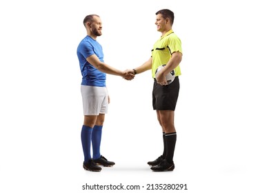 Football player and a referee shaking hands after match isolated on white background - Powered by Shutterstock