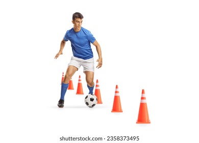 Football player running and leading a ball through training cones isolated on white background - Powered by Shutterstock