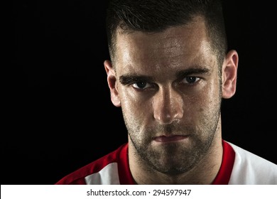 Football Player Sportsman Head Shot Portrait With Wet Face